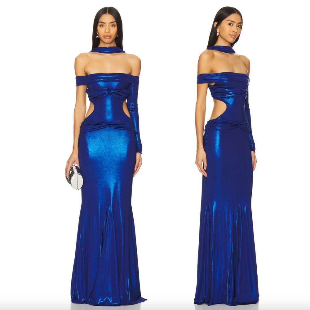 Di Petsa Moonlight Off-shoulder Gown Metallic Blue Formal Maxi Dress Small S